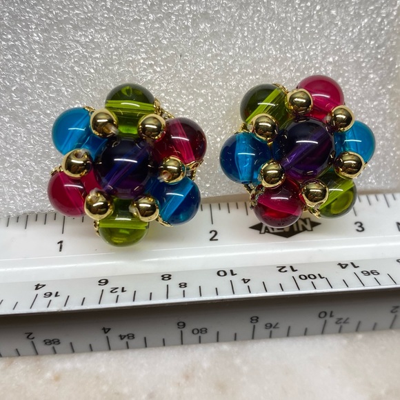 Signed Trifari Jewel-Toned Glass Bead Clip Earrings - Picture 12 of 12